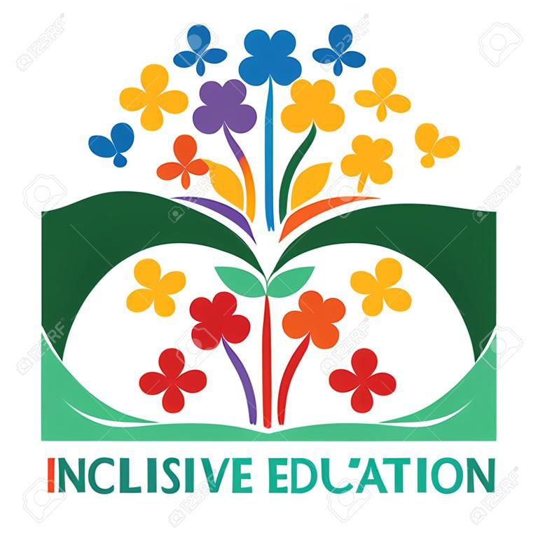 Kapsayıcı eğitim için logo, farklı insanların eşitlik kavramı. Kitap ve farklı renklerde çiçekler.