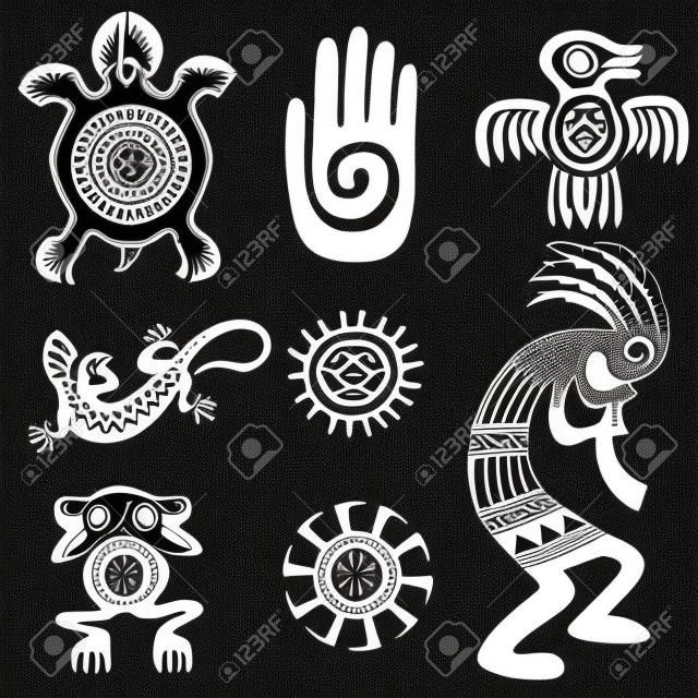 Набор этнических символов коренных американцев. Ацтекские символы. Черное и белое.