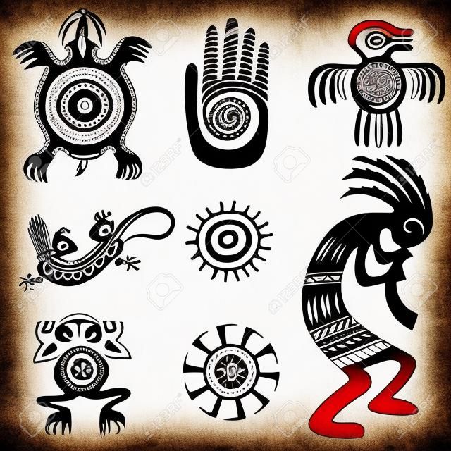 Conjunto de símbolos étnicos de nativos americanos. Símbolos aztecas. En blanco y negro.