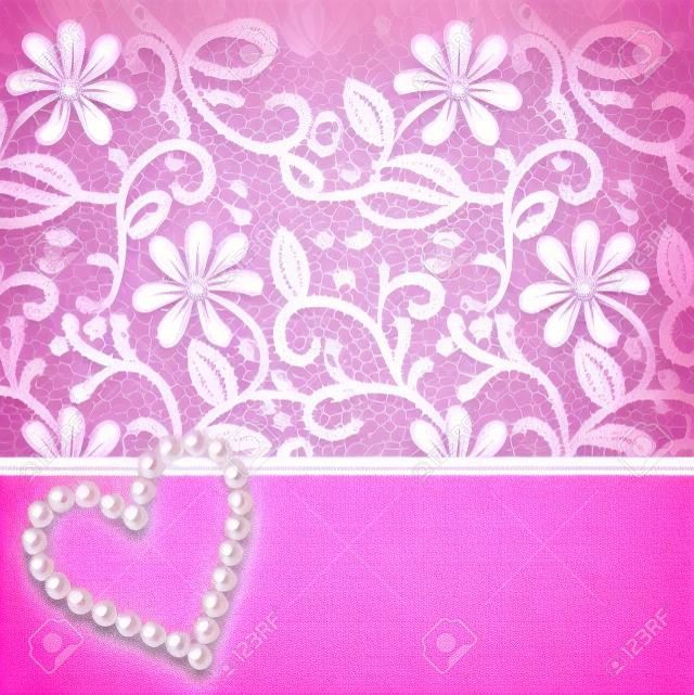 粉紅色的蕾絲背景珍珠狀心臟