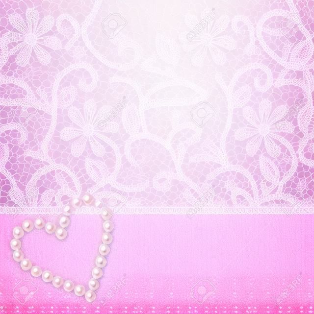 粉红色花边背景与珍珠心形