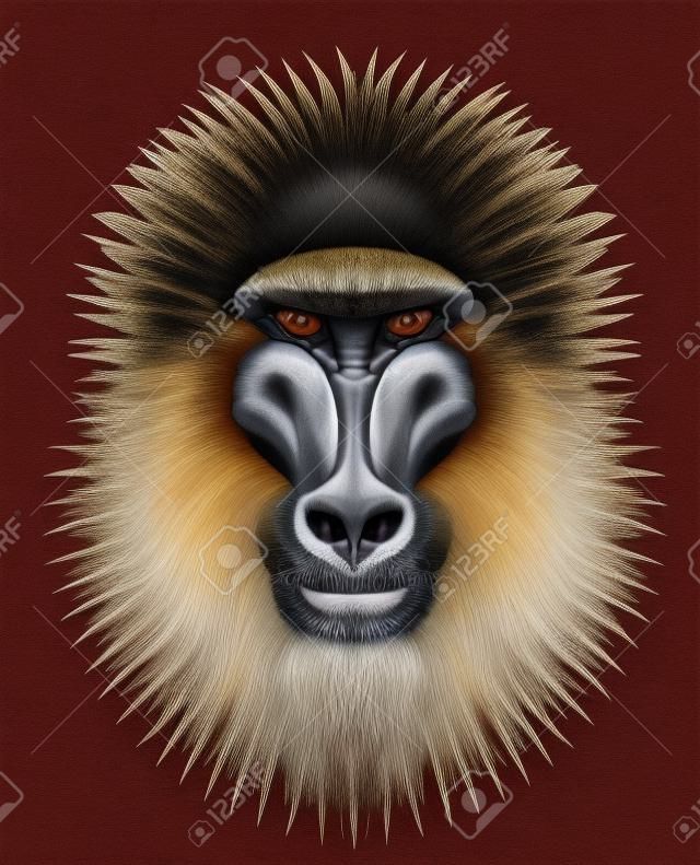Cabeza de mono Mandrill. Ilustración artística del retrato animal