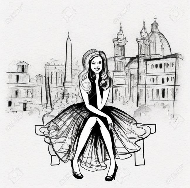 Artistic hand drawn sketch of woman sitting on bench in Rome, Italy