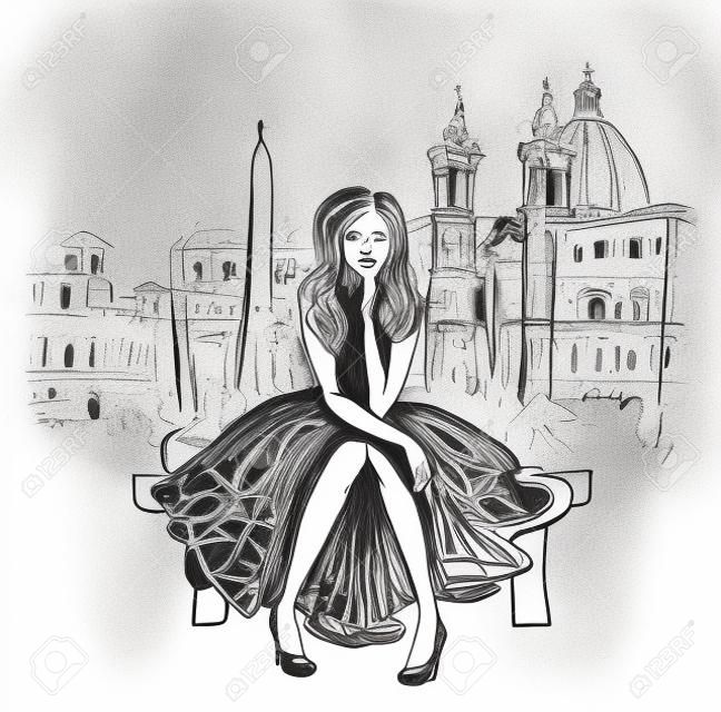 Artistic hand drawn sketch of woman sitting on bench in Rome, Italy