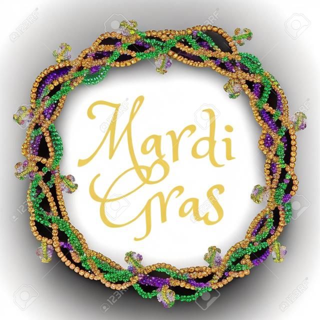 Mardi gras greetings in beads frame isolated on white