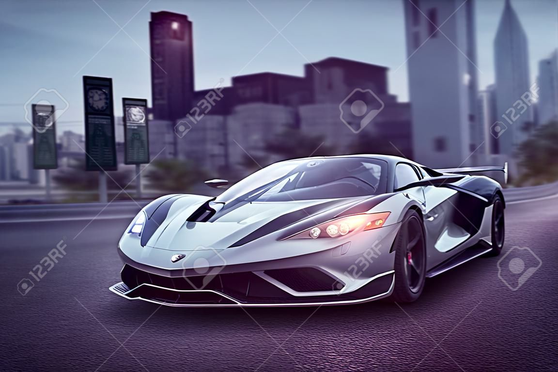 Exotic racing sports car on the road with a modern city in the background, photorealistic artistic illustration, concept