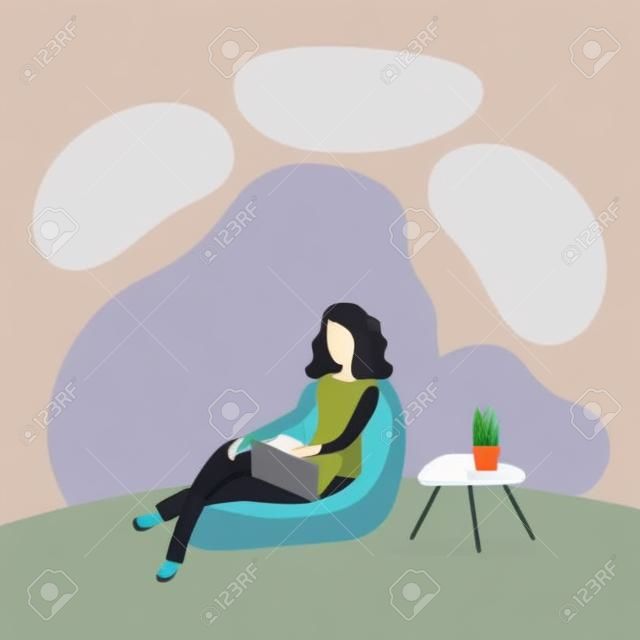 Flat vector ilustration of woman sitting with laptop on soft beanbag chair near small table with plant in pot on it. Concept of stay at home, quarantine, online education, studying or relaxing