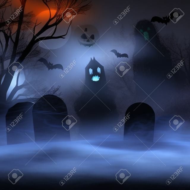 Realistic halloween vector background with ghosts in fog on cemetery. 3d smokes looking like night ghouls in mystic smoke near gravestones. Halloween illustration of scary poltergeist or phantom