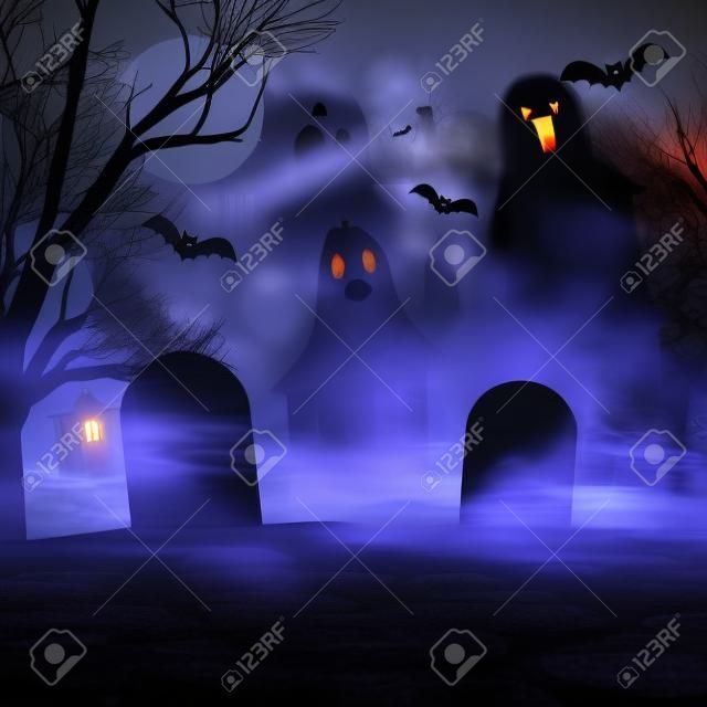 Realistic halloween vector background with ghosts in fog on cemetery. 3d smokes looking like night ghouls in mystic smoke near gravestones. Halloween illustration of scary poltergeist or phantom