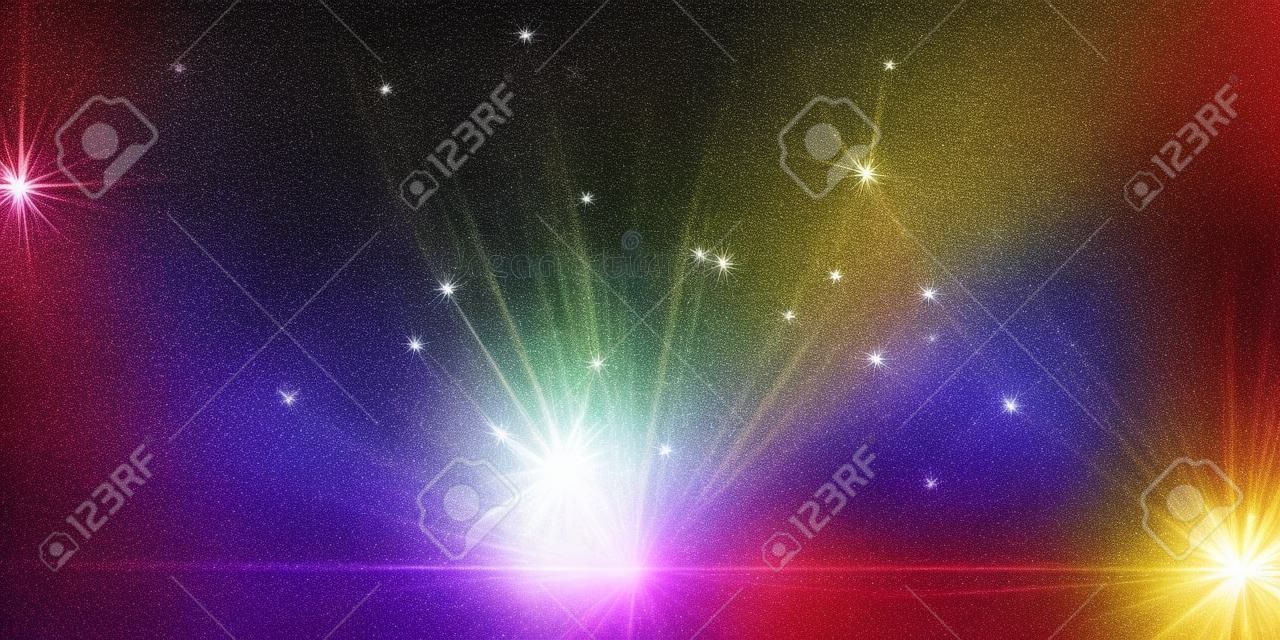 Star burst with sparkles. Golden light flare effect with stars, sparkles and glitter isolated on dark transparent background. Vector illustration of shiny glow star with stardust, gold lens flare