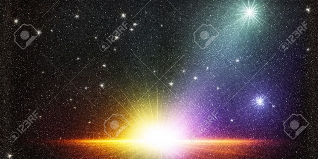 Star burst with sparkles. Golden light flare effect with stars, sparkles and glitter isolated on dark transparent background. Vector illustration of shiny glow star with stardust, gold lens flare