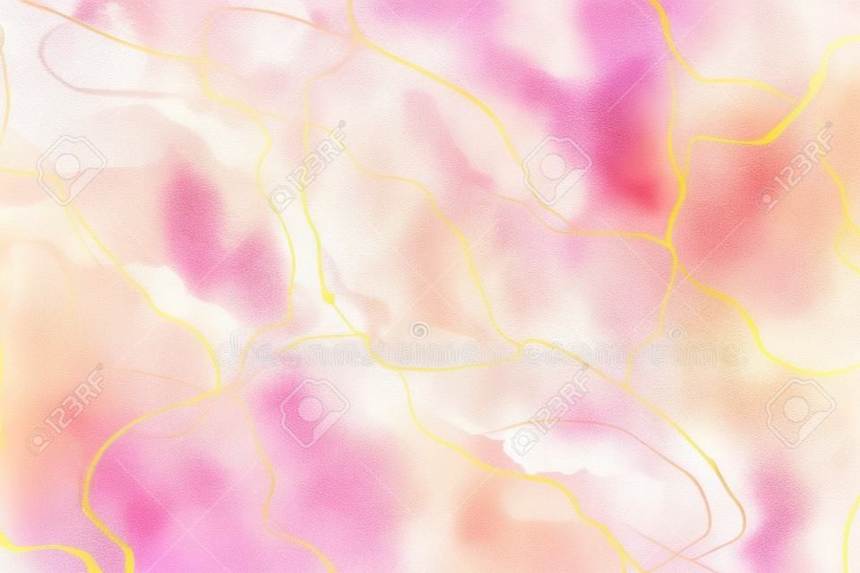 Fondo liquido dell'acquerello del blush della rosa polverosa di marmo astratto con le linee dell'oro. Sfondo effetto disegno con inchiostro alcol tortora rosa reale per necrologio, menu, invito, volantino aziendale. Illustrazione vettoriale