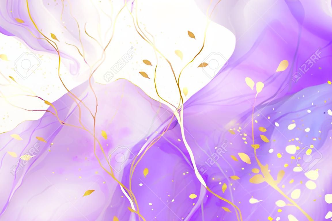 Shian様確認用 金色の染みを持つ紫シアンブルーの液体水彩背景。ティールモーブパープル マーブルアルコールインク描画効果。結婚式の招待状、メニュー、出欠確認用のベクターイラストデザインテンプレートのイラスト素材・ベクター Image  190426129, image size:1152x768