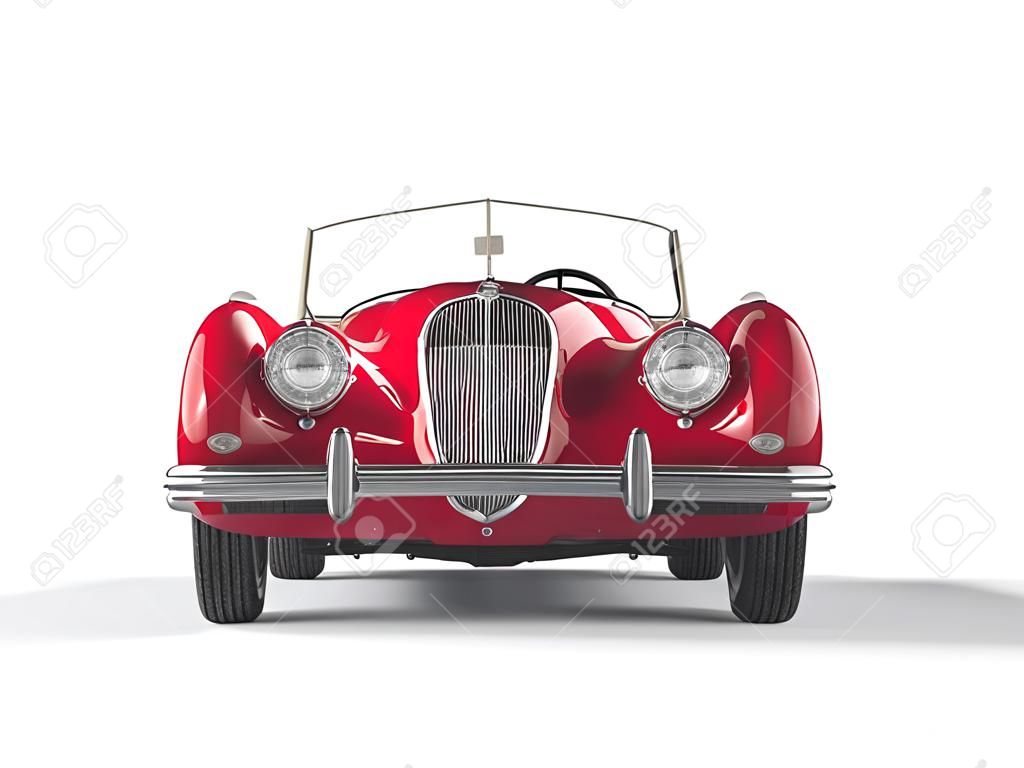 Kırmızı eski model araba, beyaz zemin üzerine, görüntü ultra yüksek çözünürlükte çekilmiş.