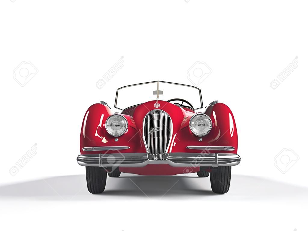 Kırmızı eski model araba, beyaz zemin üzerine, görüntü ultra yüksek çözünürlükte çekilmiş.