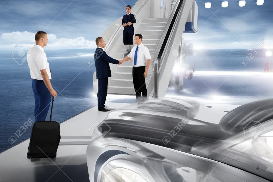 Jet staff meeting vip passenger on stairway