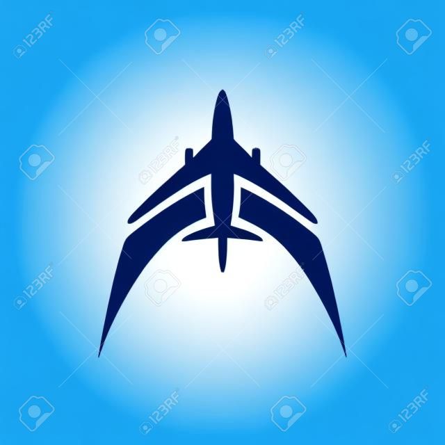 비행기 기호 벡터입니다. 비행기 로고 템플릿입니다. 운송 회사에 대한 항공기 실루엣 기호입니다. 여행사 아이콘입니다. 블루 디자인 항공 회사 로고. 항공사 아이콘입니다. 공기 비행기 로고 벡터