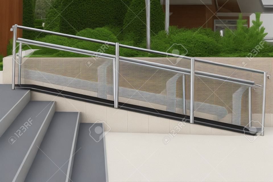 Ramp for wheelchair entry with metal handrails