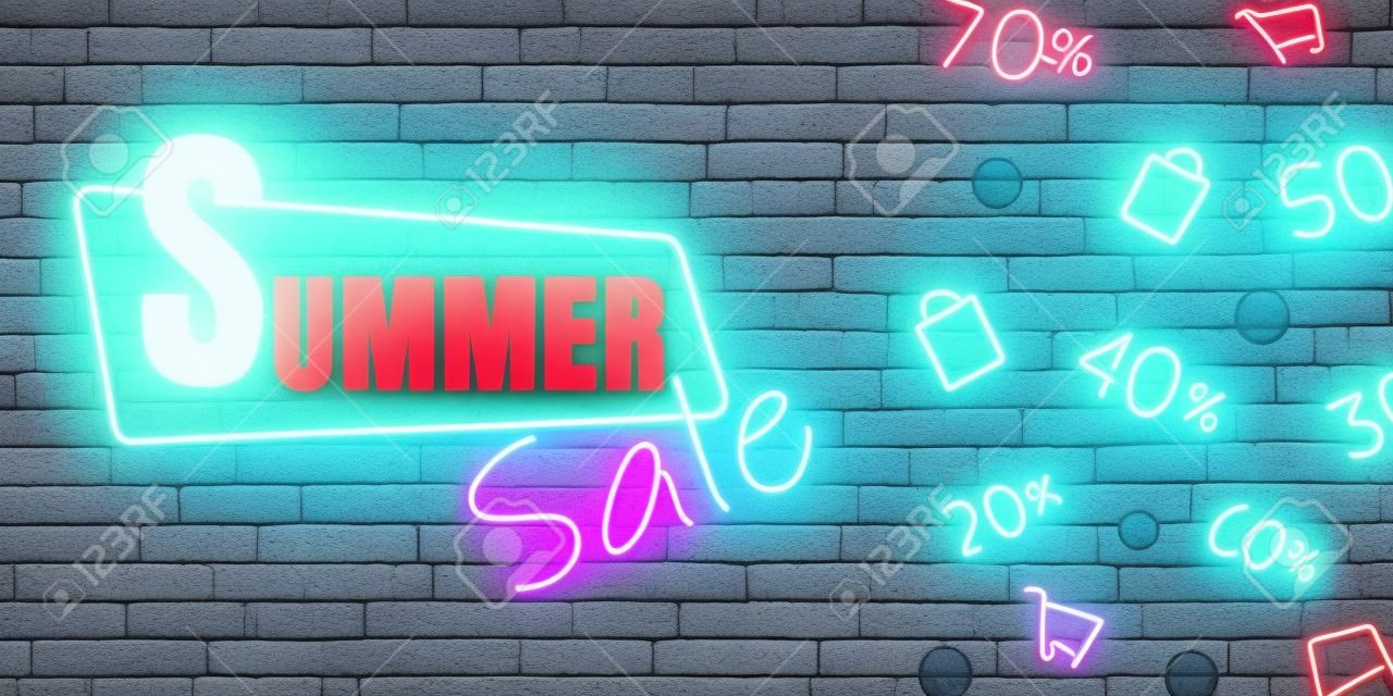 Segno di vendita al neon di estate sul fondo del muro di mattoni. Decorazione illuminata elettrica della lampada rossa blu brillante, illustrazione di pubblicità dell'annata retrò. Vettore