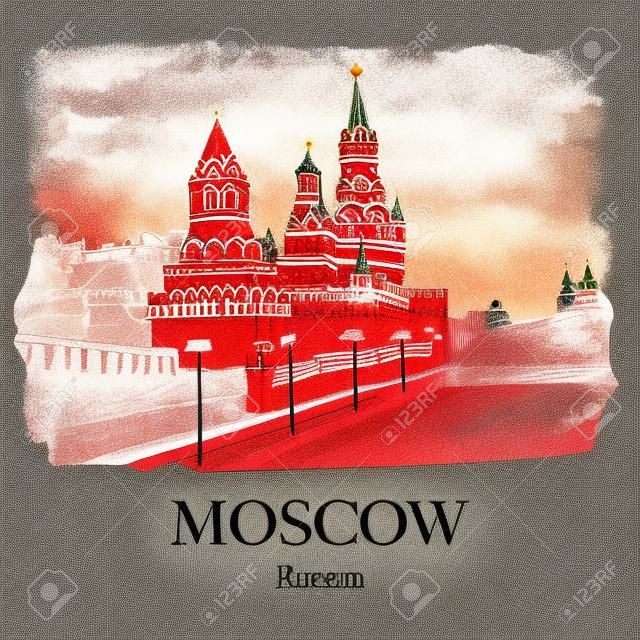 KREMLIN WALL AND RED SQUARE, MOSCOW, RUSSIA: Hand drawn sketch, illustration. Poster, postcard, calendar