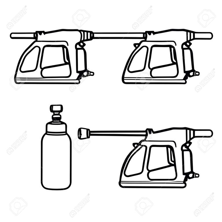 set of vector illustration pressure washer machine electric with spray gun equipment flat design silhouette style