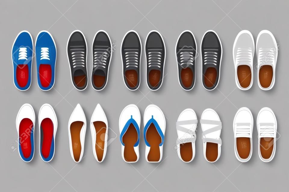 Mannen en vrouwen schoenen top uitzicht. Schoenen pictogrammen. Sneakers en Slippers collectie. Vector
