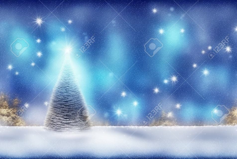 Beautifully decorated Christmas tree with golden lights and white snow.Christmas background.Christmas tree and starry sky background.