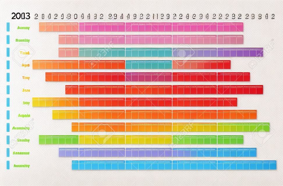 Linear calendar 2013 with daily and monthly color coding