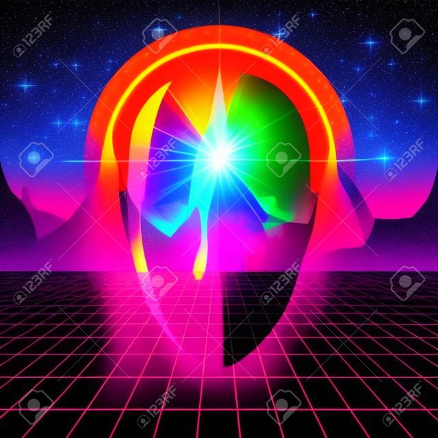 Retro wave shiny head silhouette over neon landscape