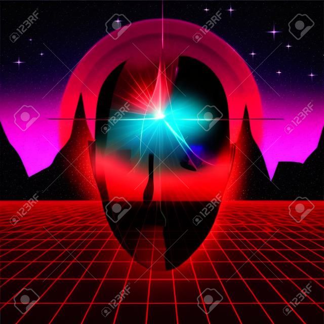 Retro wave shiny head silhouette over neon landscape