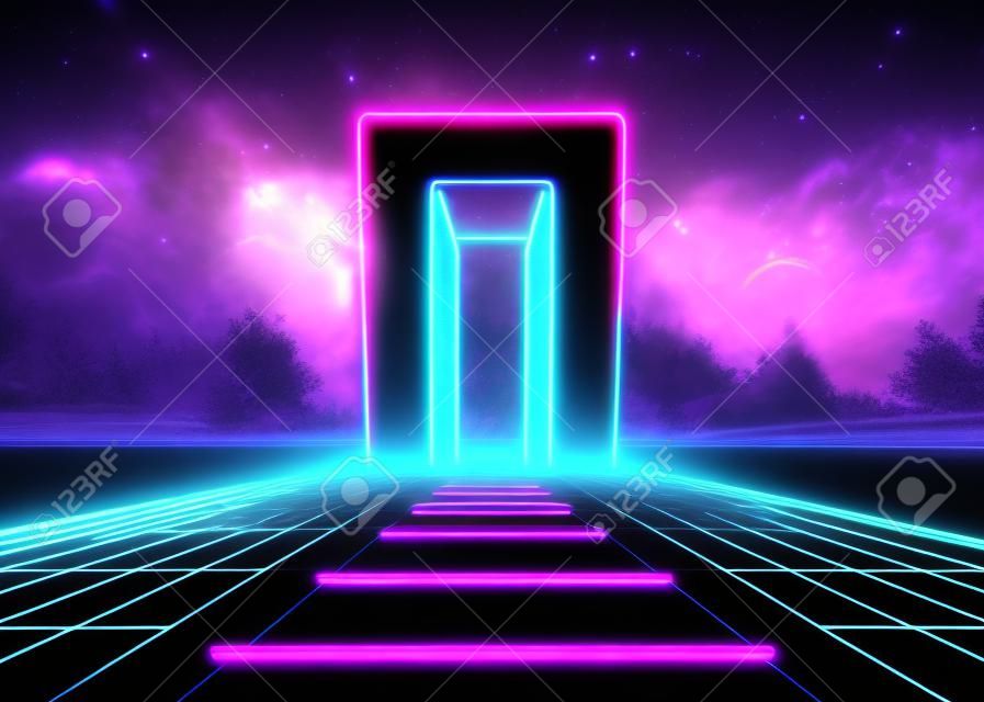 Neonowa masywna brama w stylu lat 80. w krajobrazie gry retro z błyszczącą drogą