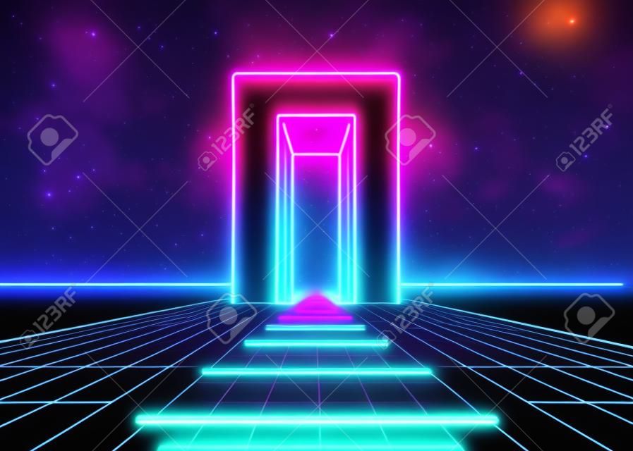 Neonowa masywna brama w stylu lat 80. w krajobrazie gry retro z błyszczącą drogą