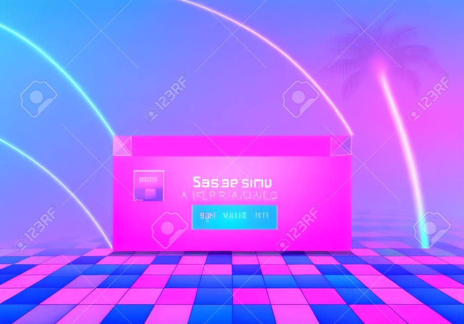 Abstract vaporware aesthetics background with 90s style system message window, palm and checkered floor covered with pink and blue gradient mist