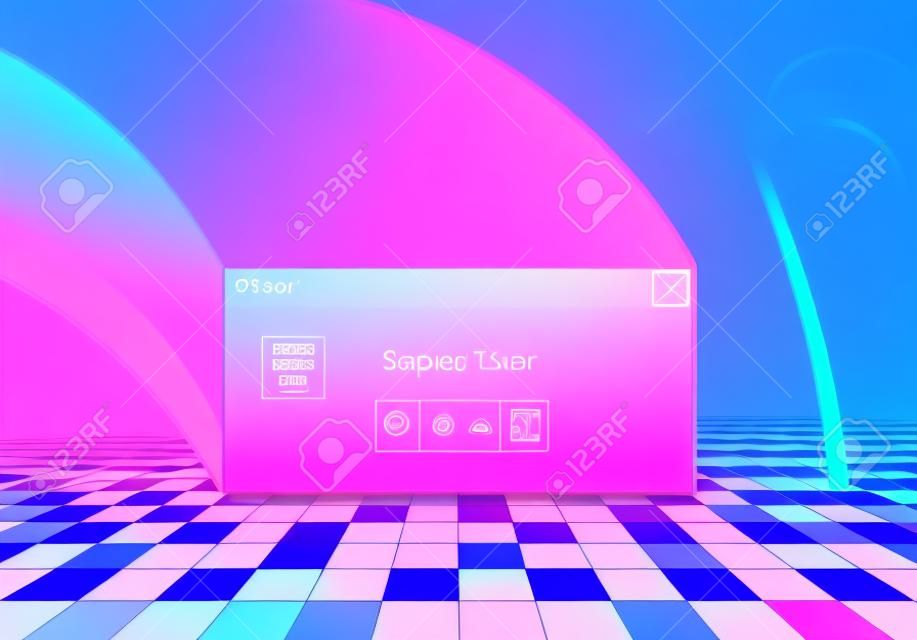 Sfondo estetico vaporware astratto con finestra dei messaggi di sistema in stile anni '90, palmo e pavimento a scacchi ricoperto di nebbia sfumata rosa e blu
