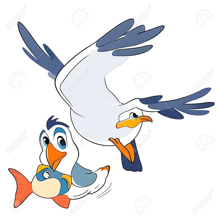 可爱而快乐的卡通海鸥带着一条鱼在嘴上。