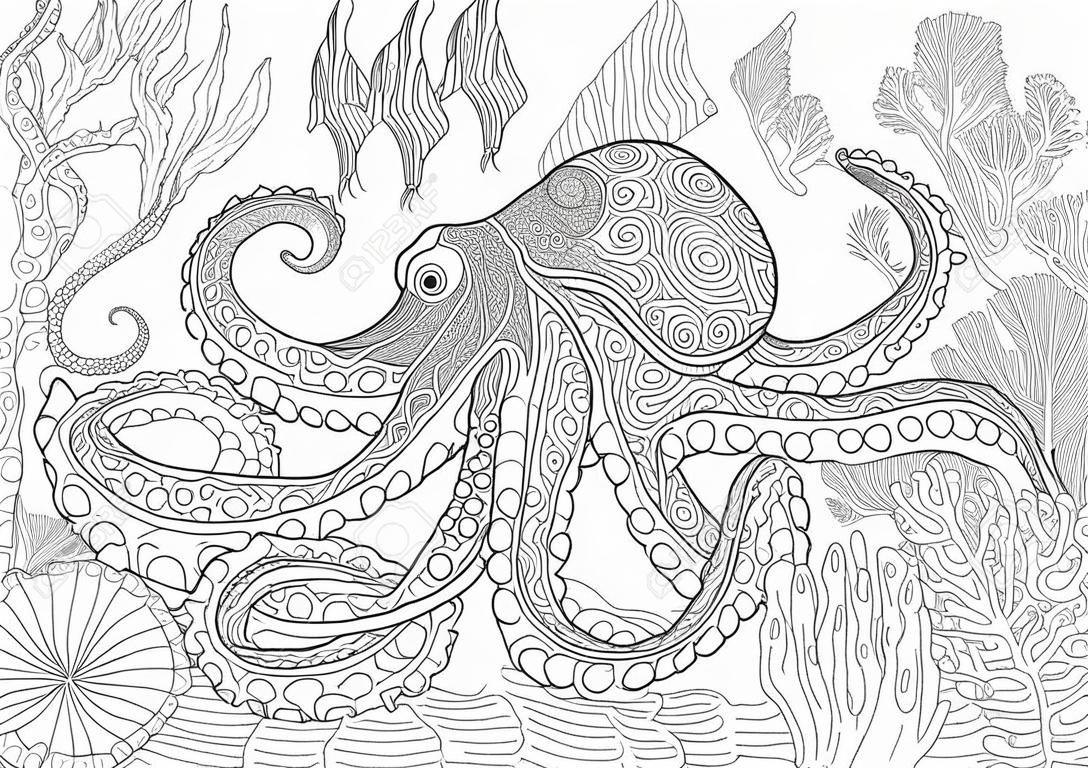 Ahtapot (poulpe) stilize kompozisyonu, tropikal balık, sualtı deniz yosunu ve mercan. doodle ve zentangle unsurları ile erişkin anti-stres boyama kitabı sayfası için eskizidir.