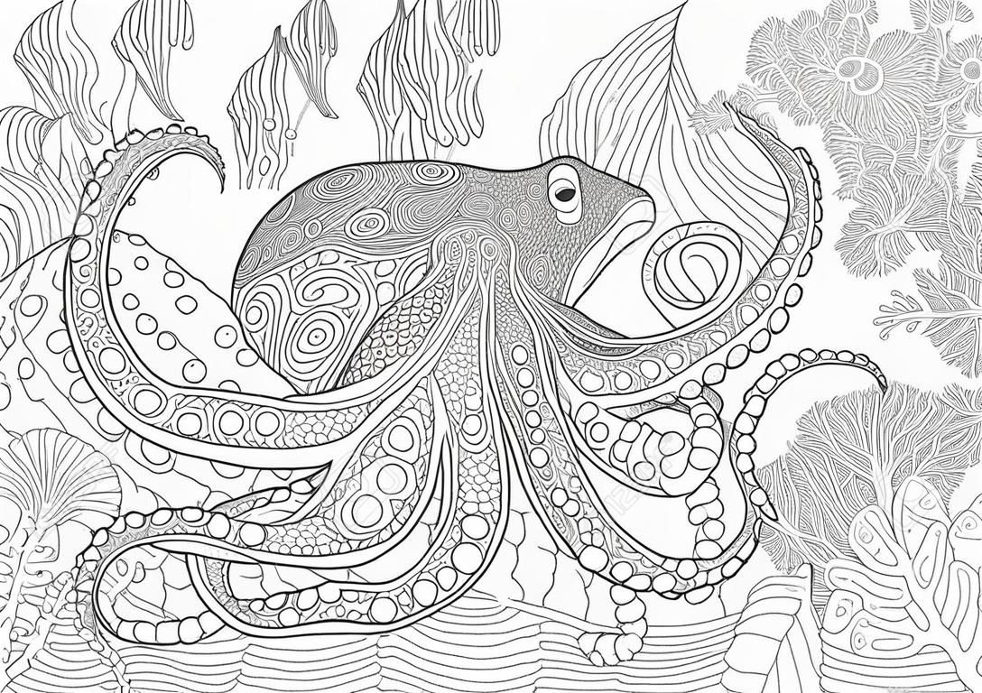Ahtapot (poulpe) stilize kompozisyonu, tropikal balık, sualtı deniz yosunu ve mercan. doodle ve zentangle unsurları ile erişkin anti-stres boyama kitabı sayfası için eskizidir.