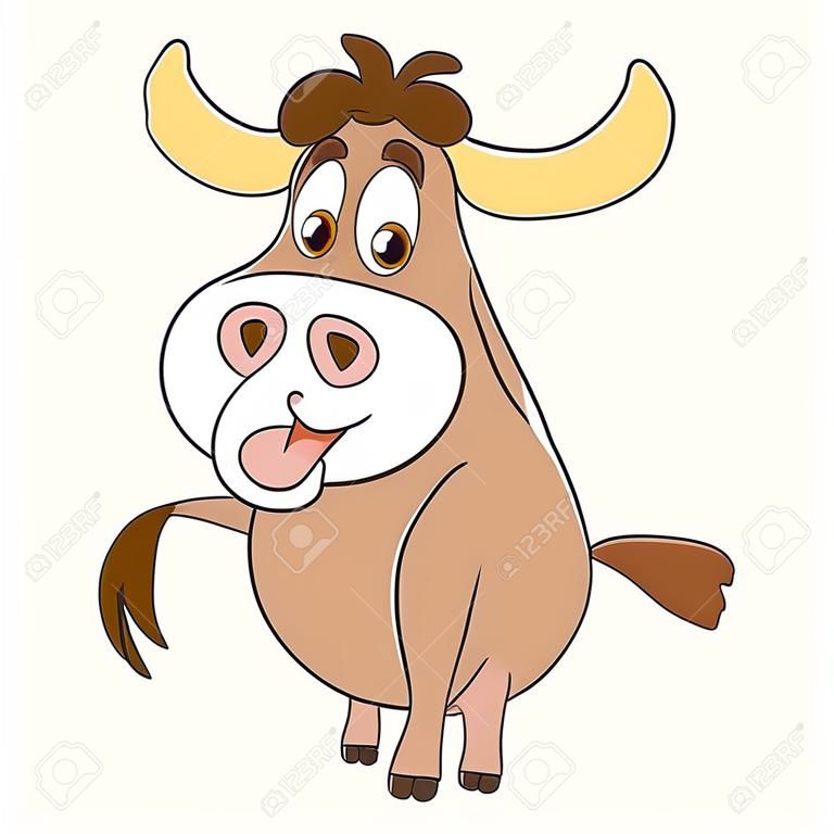 Leuke en gelukkige cartoon Amerikaanse stier (buffalo, os, bizon), geïsoleerd op witte achtergrond. Kindachtige vector illustratie en kleurrijke boekpagina voor kinderen.