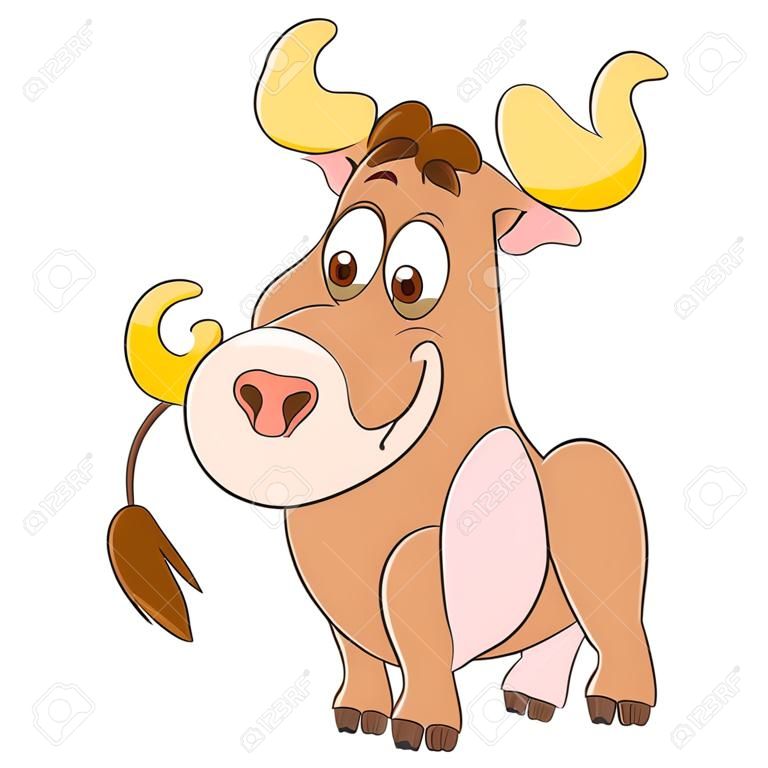 Cute and happy cartoon american bull (buffalo, ox, bison), isolated on white background. Childish vector illustration and colorful book page for kids.