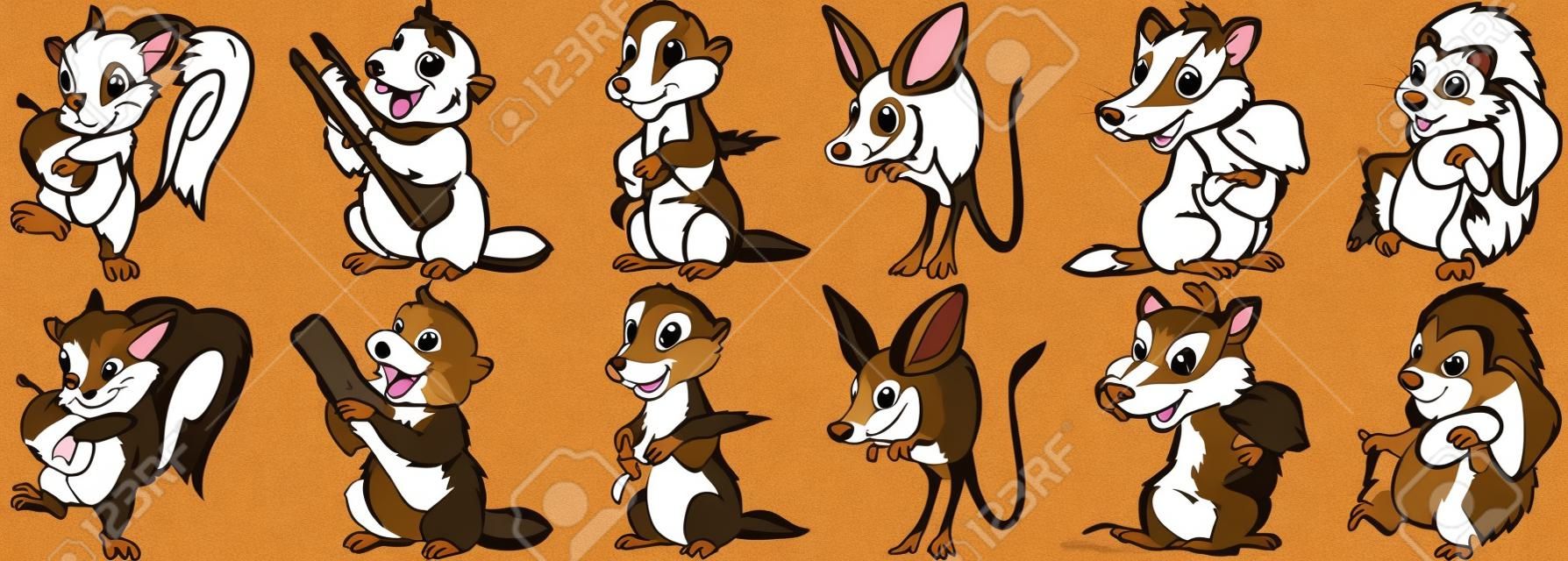 만화 동물 세트. 야생 포유류의 컬렉션입니다. 다람쥐와 도토리, 비버 목조 로그, 마 귀 (마 모트) 밀 귀, 점프 jerboa, 오소리와 버섯, 고슴도치와 버섯.