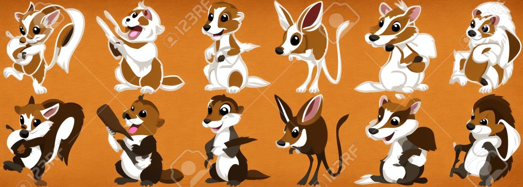 Cartoon animals set. Collection of wild mammals. Squirrel with acorn, beaver with wooden log, groundhog (marmot) with wheat ear, jumping jerboa, badger with mushroom, hedgehog with mushroom.