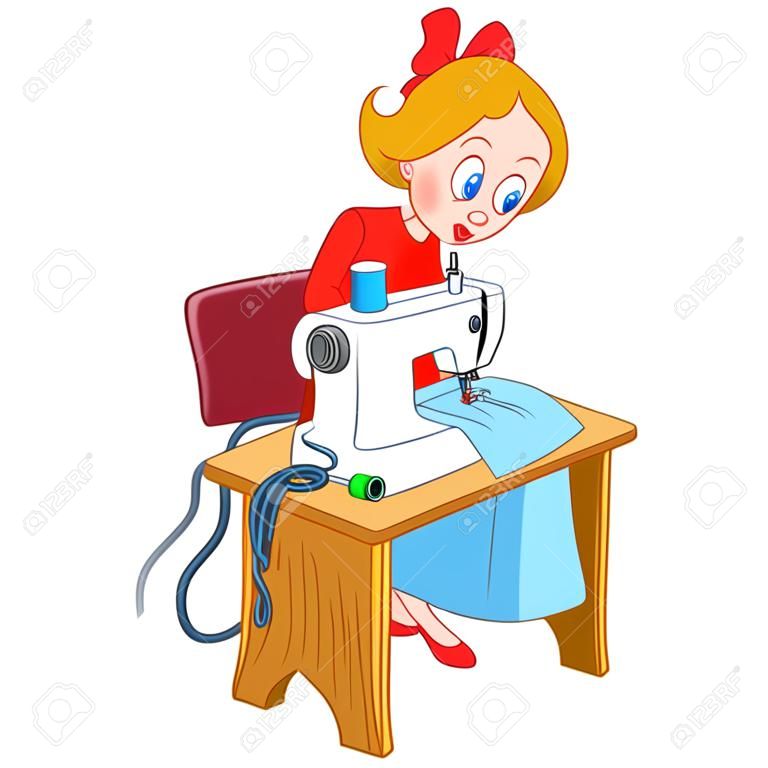 Cartoon seamstress working on electric sewing machine.