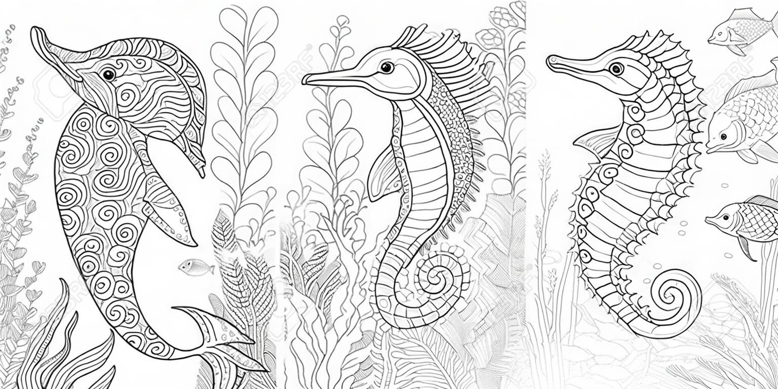 Coloring Page. Adult Coloring Book. Underwater Ocean world. Dolphin among marine seaweed. Sea horse, shoal of tropical fishes. Antistress freehand sketch collection with doodle and zentangle elements.