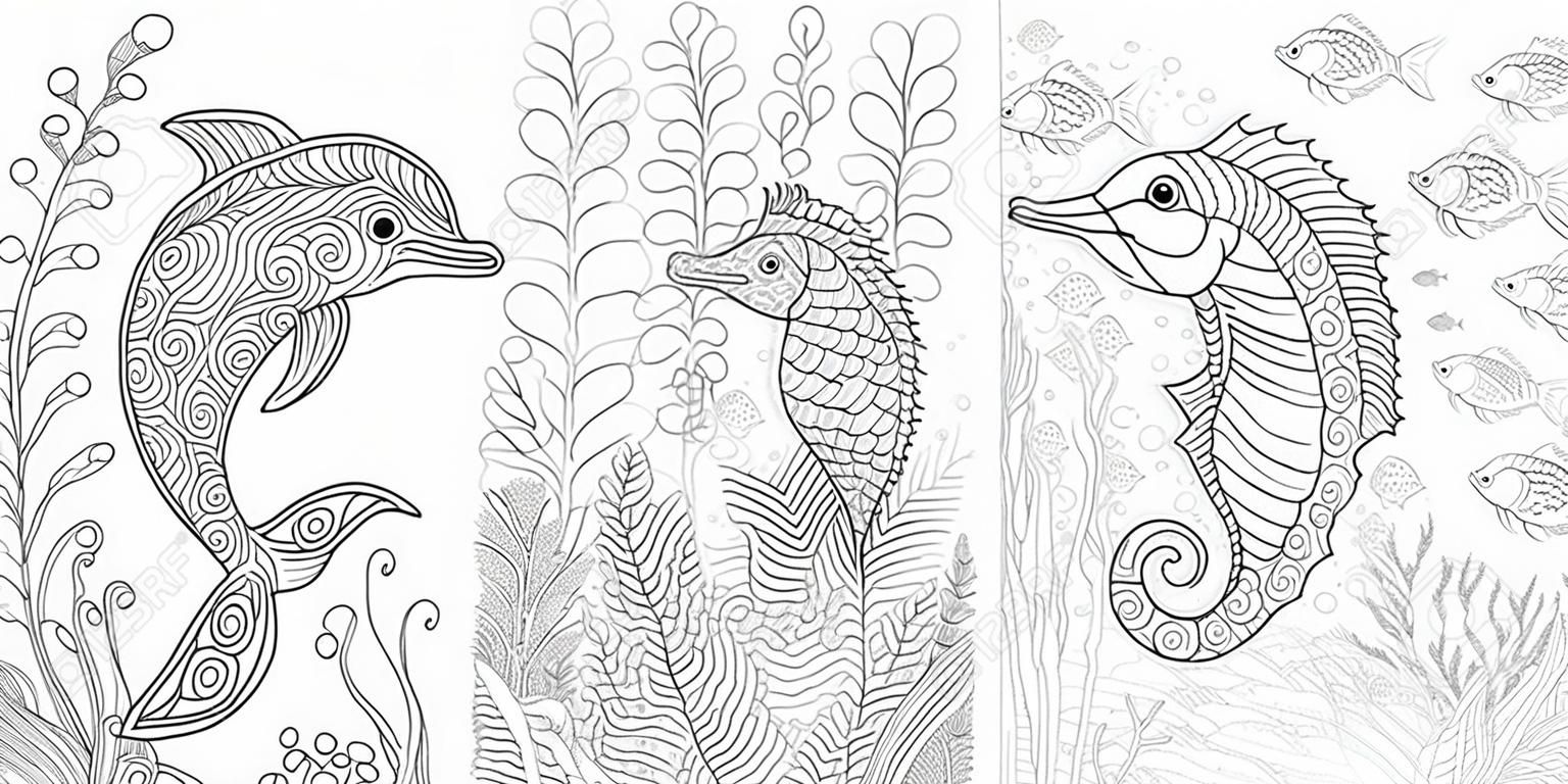 Coloring Page. Adult Coloring Book. Underwater Ocean world. Dolphin among marine seaweed. Sea horse, shoal of tropical fishes. Antistress freehand sketch collection with doodle and zentangle elements.
