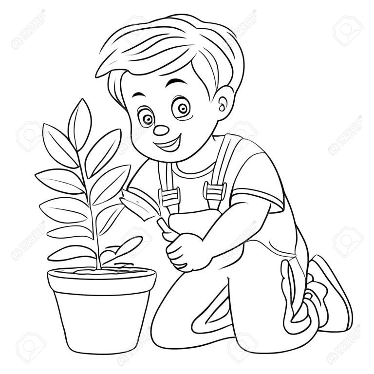 Página para colorear. Dibujo para colorear de niño de dibujos animados cuidando una planta. Diseño infantil para el libro de colorear de actividades para niños sobre el estilo de vida de las personas.