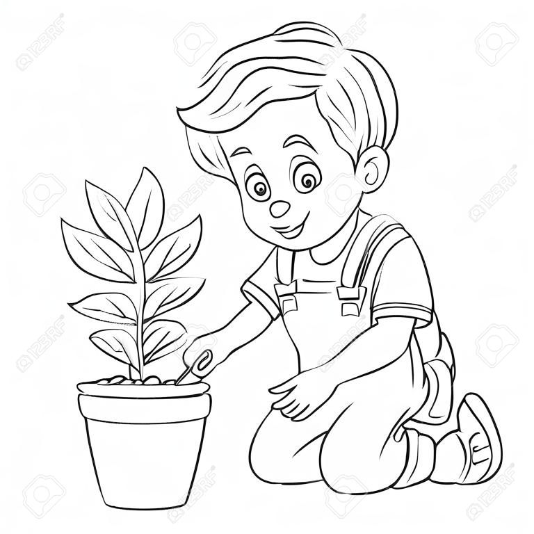 Página para colorear. Dibujo para colorear de niño de dibujos animados cuidando una planta. Diseño infantil para el libro de colorear de actividades para niños sobre el estilo de vida de las personas.