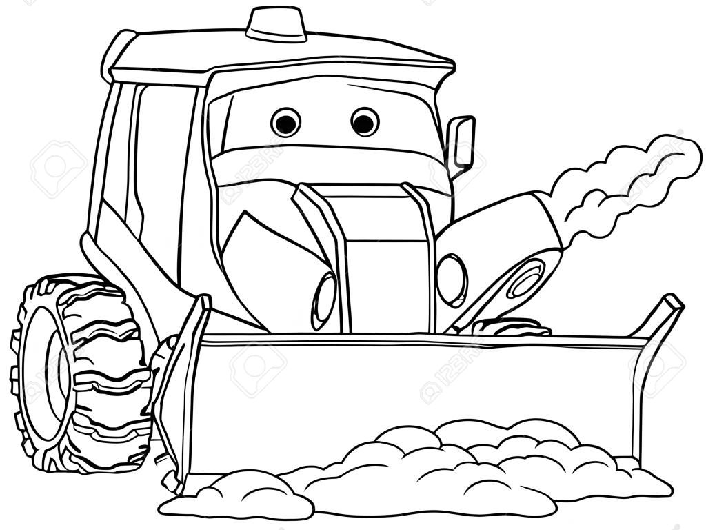 Coloring page. Coloring picture of cartoon snow plow truck. Childish design for kids activity colouring book about transport.