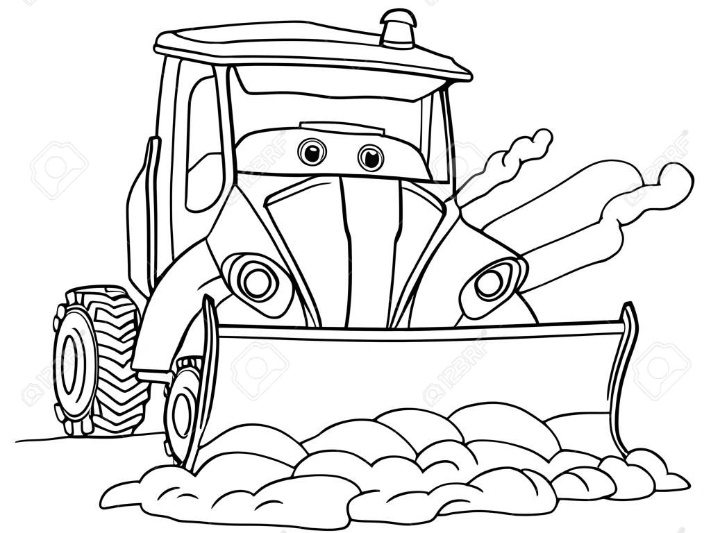 Coloring page. Coloring picture of cartoon snow plow truck. Childish design for kids activity colouring book about transport.