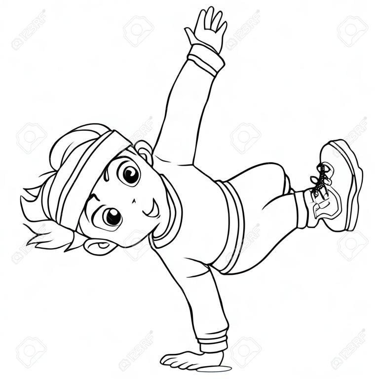 Coloring page. Coloring picture of cartoon b-boy dancing, young break dancer. Childish design for kids activity colouring book about people professions.