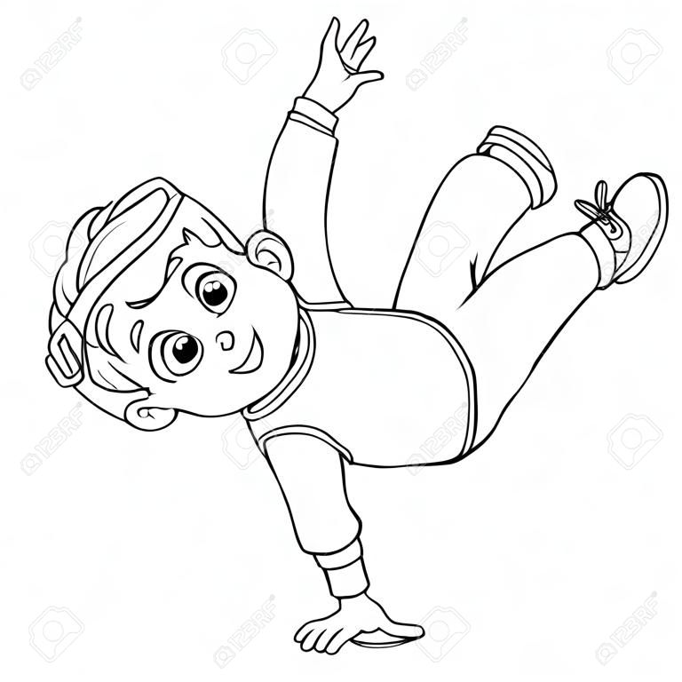 Coloring page. Coloring picture of cartoon b-boy dancing, young break dancer. Childish design for kids activity colouring book about people professions.